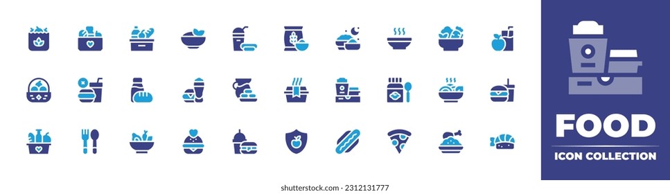 Colección de iconos de alimentos. Color de duotona. Ilustración vectorial. Con alimentos orgánicos, saludables, comida rápida, calorías, caliente, ensalada, dieta, cesta, sin comida chatarra, bebida, caja.