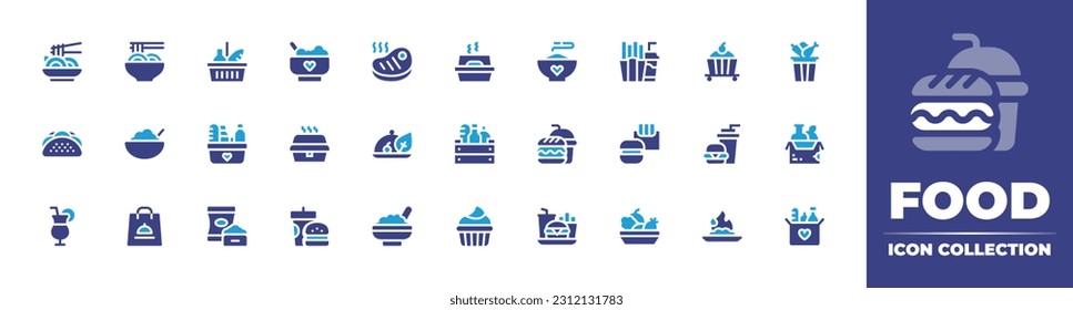 Food icon collection. Duotone color. Vector illustration. Containing pad thai, yakisoba, shopping basket, baby food, steak, food container, donation, fast food, delivery, waste, tacos.