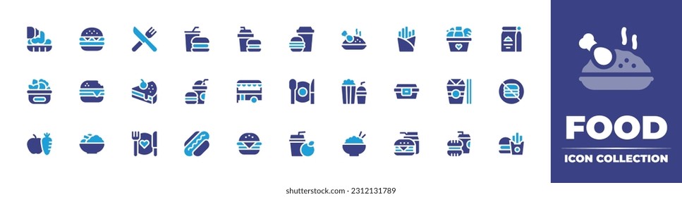 Food icon collection. Duotone color. Vector illustration. Containing fast food, burguer, restaurant, kabsa, french fries, basket, package, healthy, food, cake, truck, plate, snack.