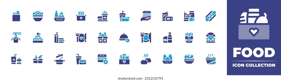 Colección de iconos de alimentos. Color de duotona. Ilustración vectorial. Con comida, donación, comida rápida, lata, entrega, comida china, hora de almuerzo, cena, saludable.