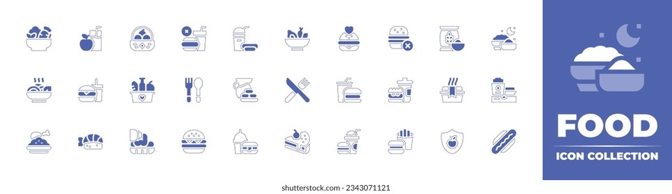 Food icon collection. Duotone style line stroke and bold. Vector illustration. Containing salad, diet, basket, no junk food, fast, healthy, food, calories, and more.