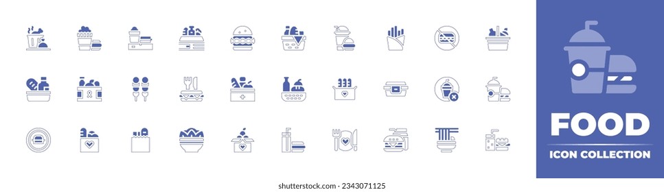 Food icon collection. Duotone style line stroke and bold. Vector illustration. Containing waste, fast food, delivery, food donation, basket, french fries, no junk food, and more.