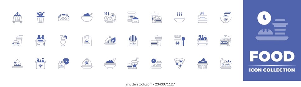 Food icon collection. Duotone style line stroke and bold. Vector illustration. Containing food delivery, waste, tacos, cereal, steak, pet, fast, hot, food container, and more.