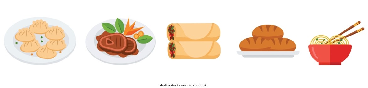 Food icon collection featuring dumplings roasted meat spring rolls bread and noodle bowl isolated colorful vector illustration for restaurant menus culinary projects and recipe designs.