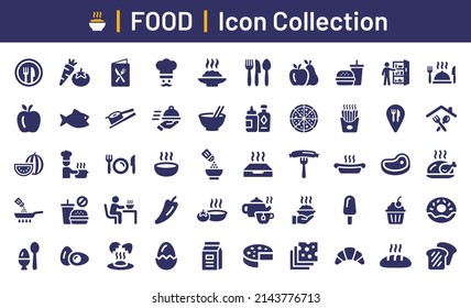 Food icon collection. Meat, milk, noodle, soup, bread, egg, cake, sweets, fruits, vegetables, drinks, nutrition, pizza, fish, sauce, cheese icon.