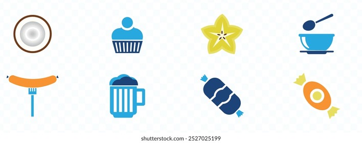 Food icon collection. Meat, milk, noodle, soup, bread,   sweets, fruits, vegetables, , icon