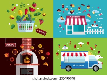 food icon collection. shop, grocery, bakery and confectioner.  flat design