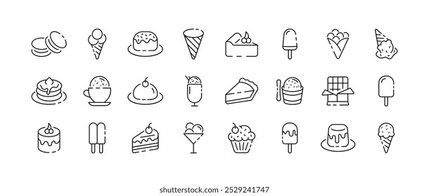 Icono de comida colección. Conjunto de comida dulce. Iconos lineales de postre de comida. Iconos del vector