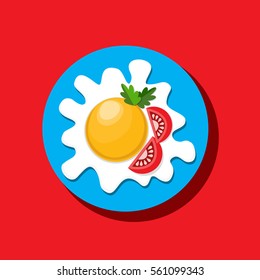 Food icon concept. Fried egg tomato and herb. Freehand drawn cartoon retro style. Colorful symbol of breakfast morning cooked meal. Vector template for cooking sign project banner background