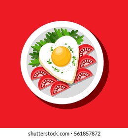 Food icon concept. Fried egg heart shape tomato herb. Freehand drawn cartoon style. Colorful symbol Valentine day breakfast menu cooked meal. Vector template for cooking sign project banner background