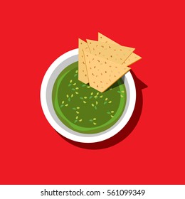 Food icon concept. Mexican cuisine guacamole sauce, nachos. Freehand drawn bright color cartoon style. Traditional hot chili Latin America meal. Vector template cooking sign project banner background