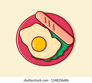 Food icon. Flat illustration. Fried eggs, sausage, leaf lettuce.
