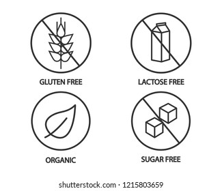 Food icon - gluten free, lactose free, organic and sugar free icons. Black and white illustration