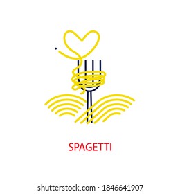Food icon with heart-shaped spaghetti and fork. Vector card in linear style.