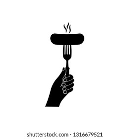  food icon. hot sausage icon. Hand holding a sausage - black vector symbol.