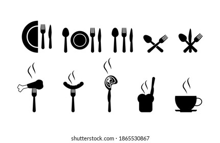 Food icon mark set. Spoon, fork, knife, food with smoke. Fresh bread and coffee cups. Black objects on a white background. Illustration for restaurants and social media.