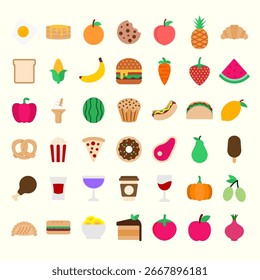 Vector De Paquete De Iconos De Alimentos En Colección De Diseño Plano