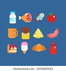 Food icon pixel art set. pixelated food sign. 8 bit Symbol for mobile application