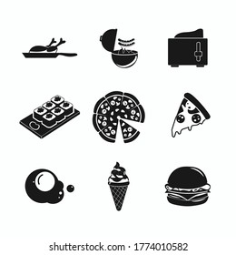 Food icon. pizza, hamburger, fried egg, toast, ice-cream, sushi