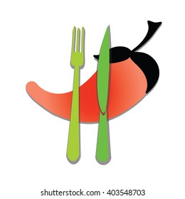 Food icon - red pepper with flatware vector shapes. Red pepper, green fork and knife - symbol of spicy food and vegetarian or vegan dishes. Isolated on white.