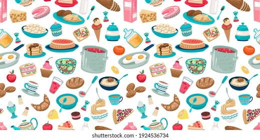 Food icon seamless pattern. Pastries, breakfasts, lunches in a restaurant, menu and decor, pastries and desserts, print for background. Vector illustration