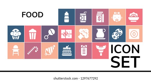  food icon set. 19 filled food icons. Simple modern icons about  - Bottle, Muffin, Baby chair, Candy cane, Party hat, Cake, Sleeping bag, Sausage, Popcorn, Rattle, Package, Broccoli