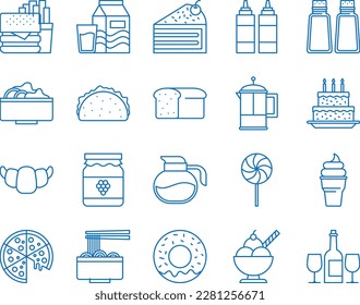 Food icon set, 20 food line icon set blue vector