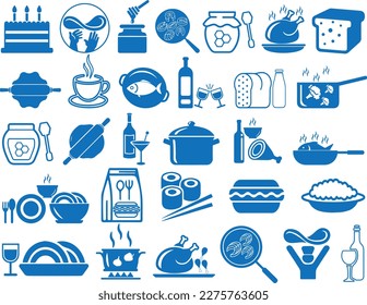 Lebensmittelsymbol-Set, 30 verschiedene Lebensmittelsymbol-Set, blauer Vektorgrafik