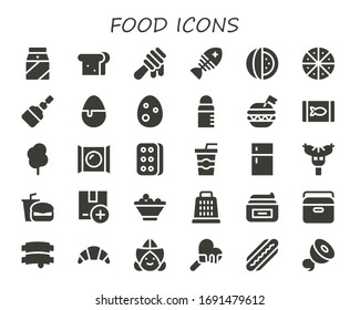 food icon set. 30 filled food icons.  Simple modern icons such as: Milk, Sandwich, Honey, Fish, Watermelon, Pizza, Fermentation, Candy, Egg, Feeder, Burger, Canned food, Cotton candy