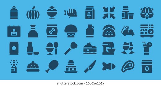 food icon set. 32 filled food icons. Included Canteen, Birthday, Soda, Champagne, Pumpkin, Sugar, Sake, Bonnet, Ice cream, Food, Boiled egg, Meat, Fish, Mushroom, Lollipop icons