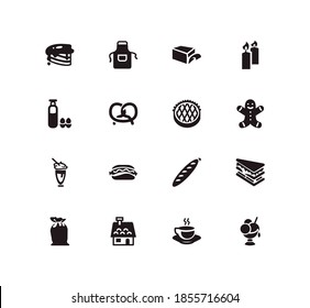 Food icon set and apple pie with apron, sundae and cake. Gingerbread house related food icon vector for web UI logo design.