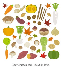 Food icon set (autumn): simple and cute autumn vegetables and autumn leaves, ginkgo