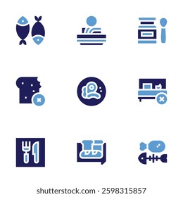 Food icon set. Bold style. Duotone colors. fish, food, fast, waste, food and restaurant, no food in bedrooms.