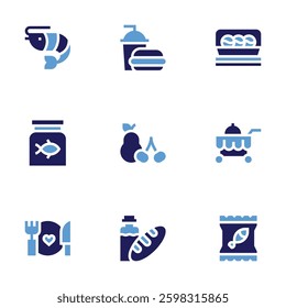 Food icon set. Bold style. Duotone colors. fast food, shrimp, asian food, cart, fish, healthy.