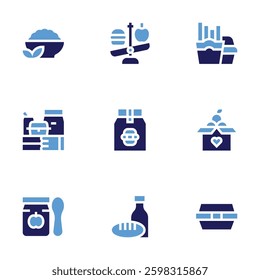 Food icon set. Bold style. Duotone colors. food box, fast food, donation, healthy, package, delivery, food and drink.