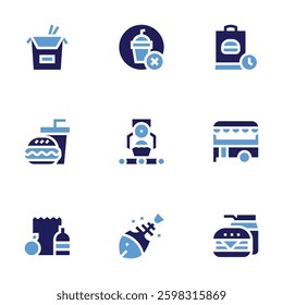 Food icon set. Bold style. Duotone colors. food truck, leftover, factory, fast, delivery, no food, chinese.