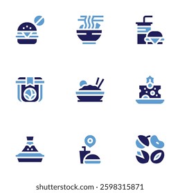 Food icon set. Bold style. Duotone colors. tajine, pack, fast food, no fast food, fast, rice bowl, nuts, ramen, cheese.