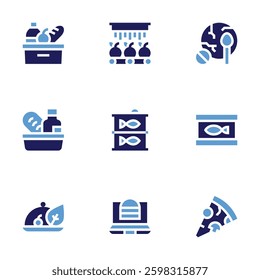 Food icon set. Bold style. Duotone colors. wash, vegan food, tinned, cat, order, food, no food, pizza.