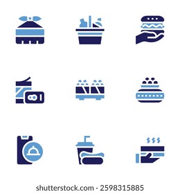 Food icon set. Bold style. Duotone colors. delivery, japanese food, asian, delivery, food, canned, fast food.