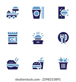 Food icon set. Bold style. Duotone colors. burger, cart, box, order food, chinese food, waste, food, fish, rice bowl.