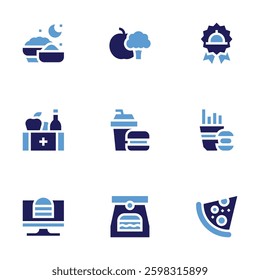 Food icon set. Bold style. Duotone colors. fast food, diet, junk food, tray, order, food, take away, burger.