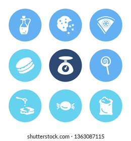 Food icon set and bonbon with syrop, half eaten cookie and lollipop. Confectionery related food icon vector for web UI logo design.