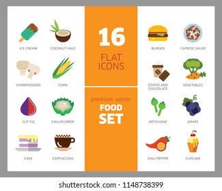 Food icon set. Broccoli, fruit, doughnut, cheese, cappuccino. Eating concept. Can be used for topics like cafe, menu, food store