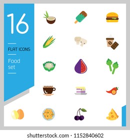 Food icon set. Broccoli, fruit, doughnut, cheese, cappuccino. Eating concept. Can be used for topics like cafe, menu, food store