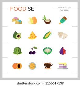 Food icon set. Broccoli, fruit, doughnut, cheese, cappuccino. Eating concept. Can be used for topics like cafe, menu, food store