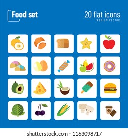 Food icon set. Broccoli, fruit, doughnut, cheese, cappuccino. Eating concept. Can be used for topics like cafe, menu, food store