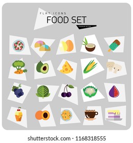 Food icon set. Broccoli, fruit, doughnut, cheese, cappuccino. Eating concept. Can be used for topics like cafe, menu, food store