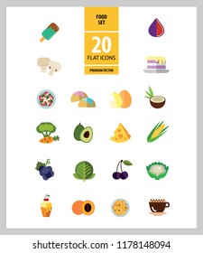 Food icon set. Broccoli, fruit, doughnut, cheese, cappuccino. Eating concept. Can be used for topics like cafe, menu, food store