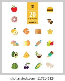 Food icon set. Broccoli, fruit, doughnut, cheese, cappuccino. Eating concept. Can be used for topics like cafe, menu, food store