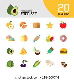 Food icon set. Broccoli, fruit, doughnut, cheese, cappuccino. Eating concept. Can be used for topics like cafe, menu, food store